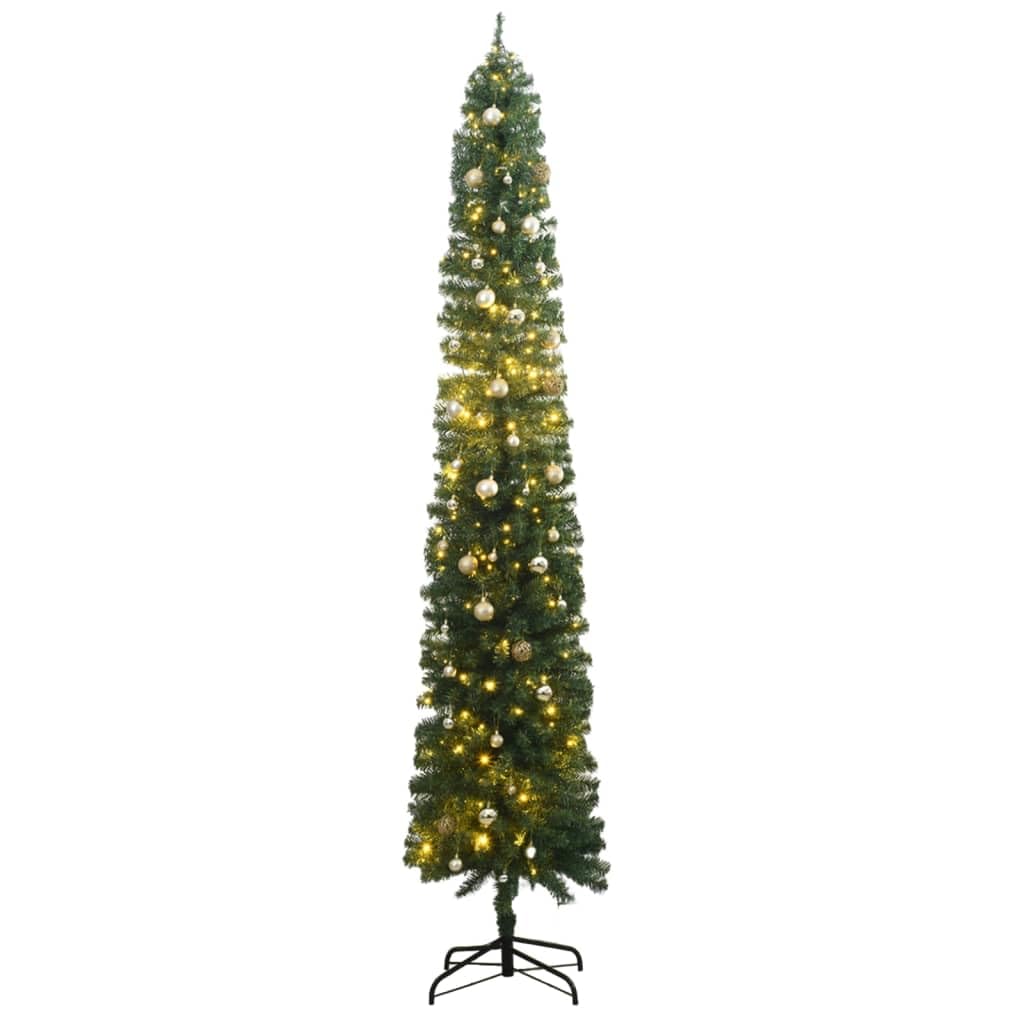 vidaXL LED-Lit Artificial Slim Christmas Tree 106.3" with Stand and Ball Set - Perfect for Small Spaces – Green, Easy to Assemble and Store